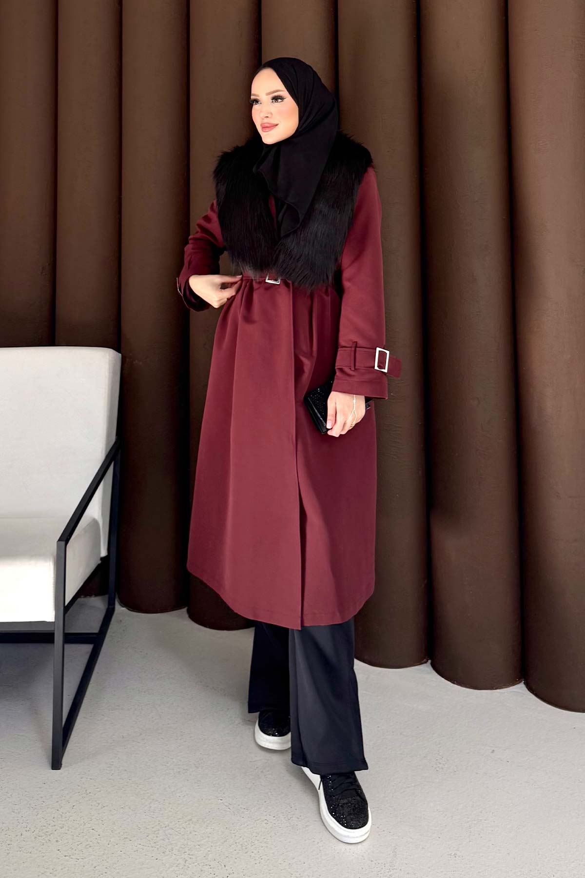 Kürklü Uzun Trençkot 32-3724