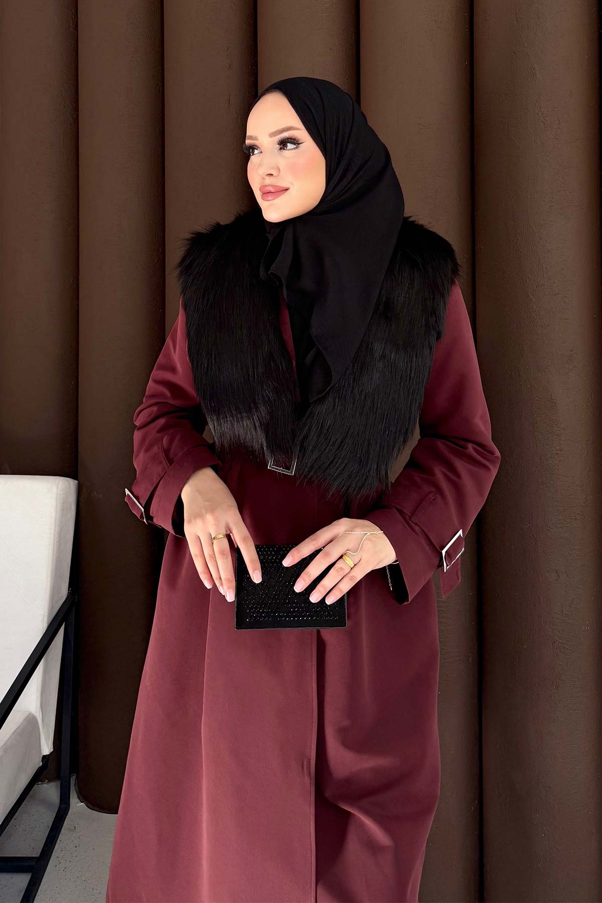 Kürklü Uzun Trençkot 32-3724
