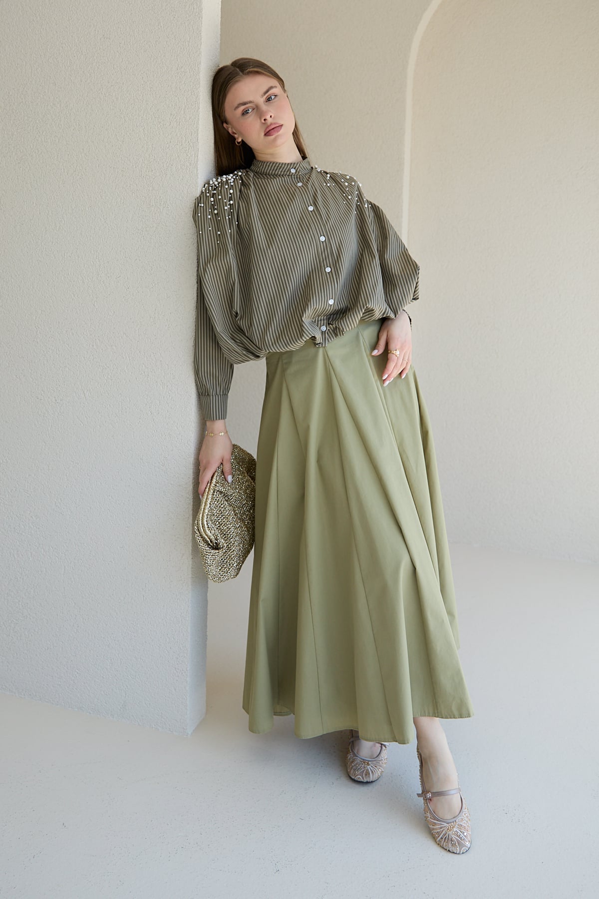 İncili Çizgili Gömlek 32-2837