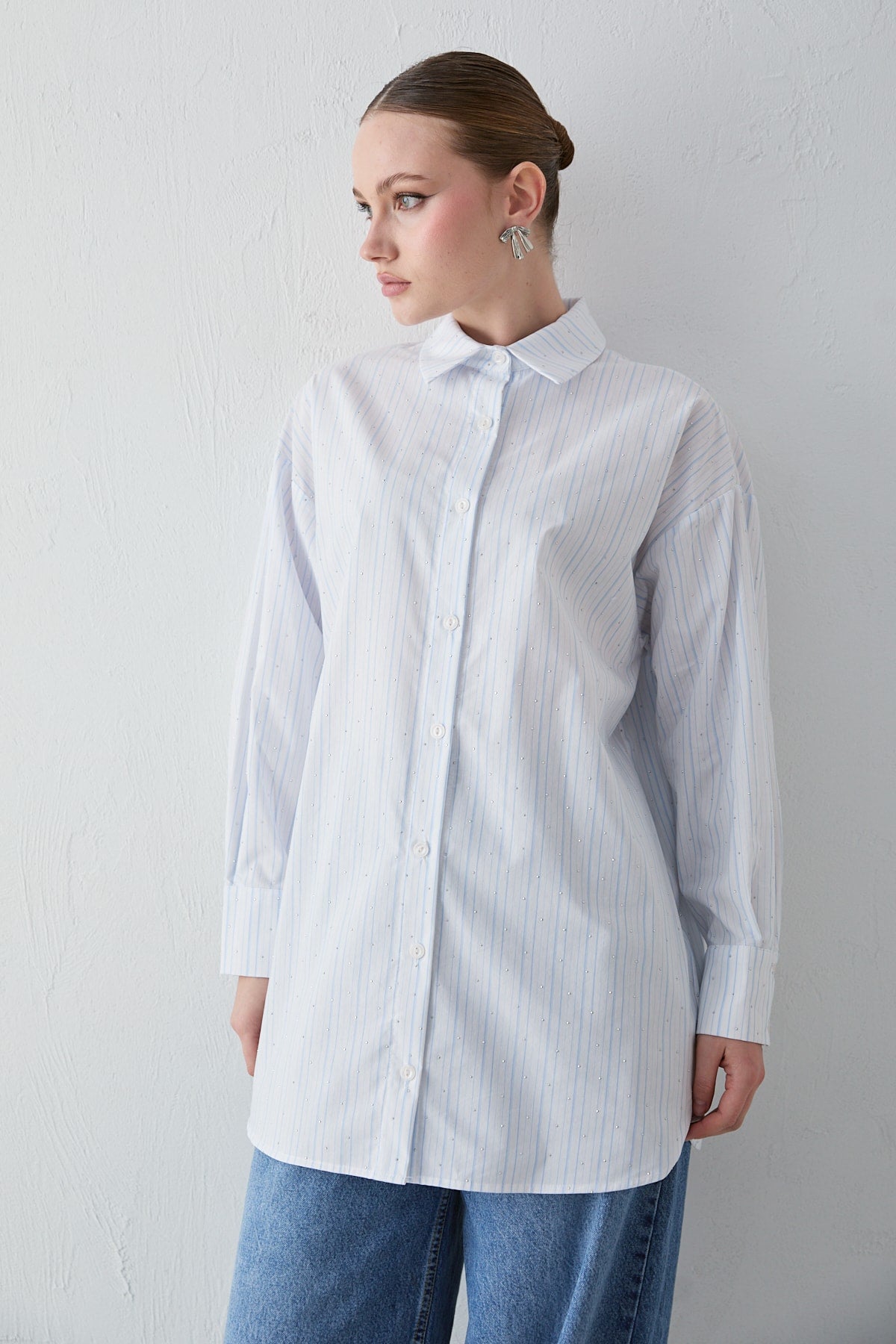 Çizgili Taşlı Poplin Gömlek 22-5466-1