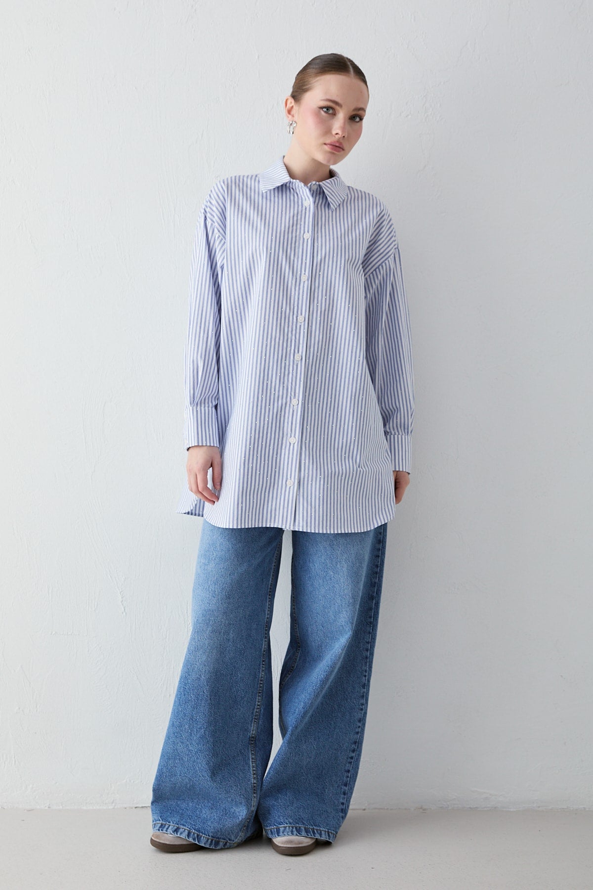 Çizgili Taşlı Poplin Gömlek 22-5466-1