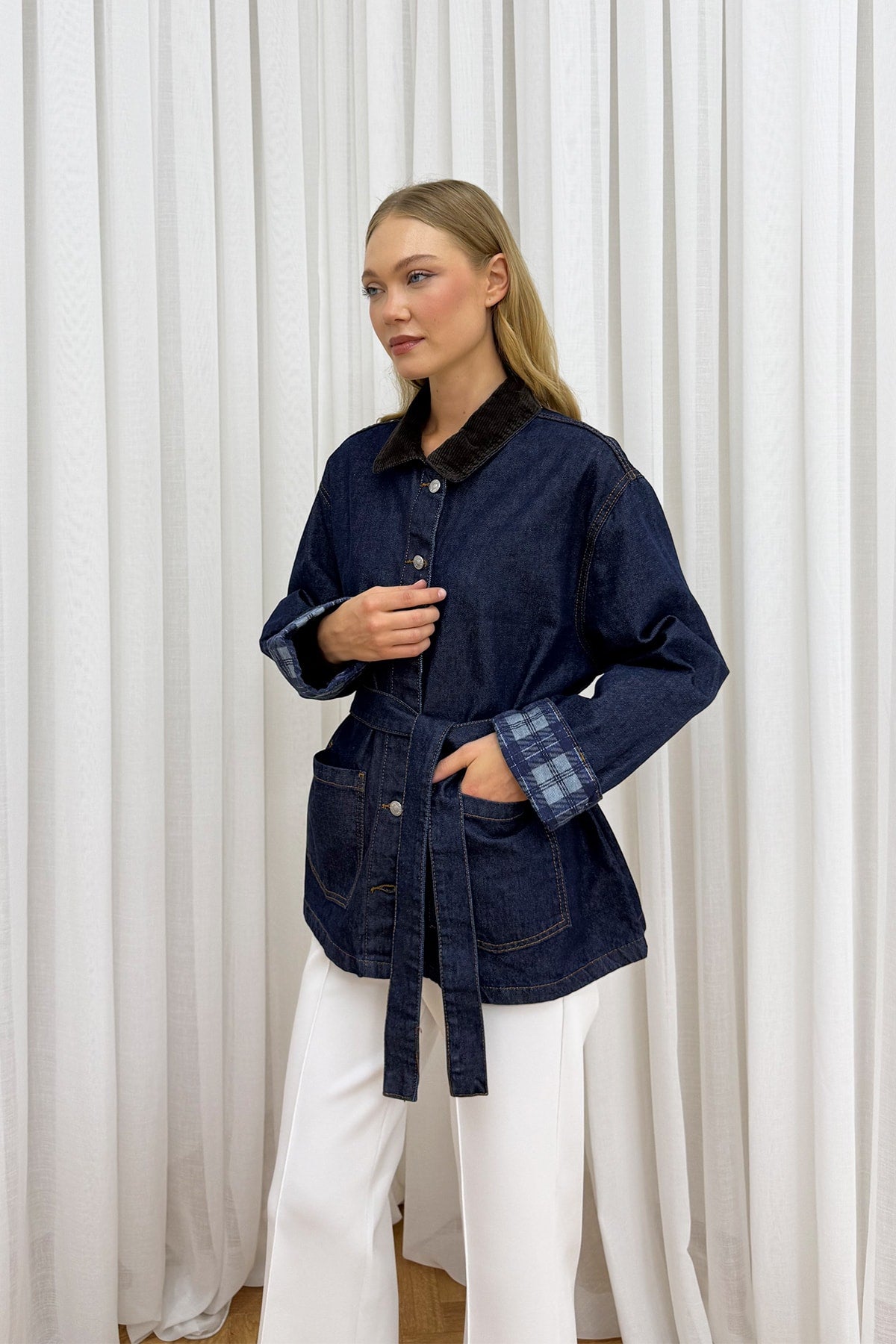Ekose Desenli Denim Ceket 86-0277