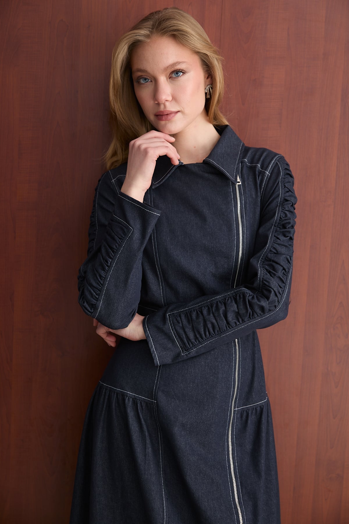 Fermuarlı Denim Elbise 32-2763