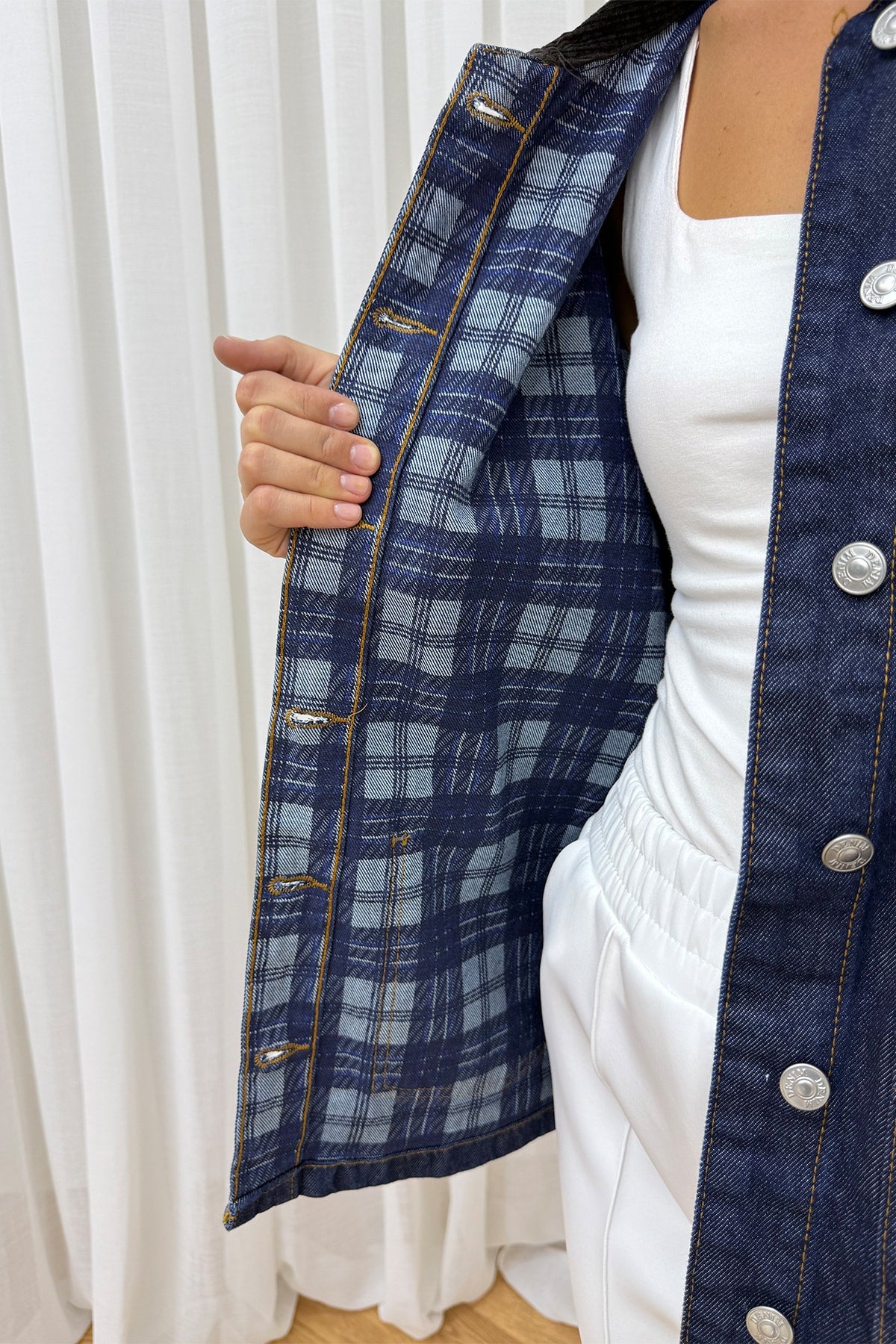 Ekose Desenli Denim Ceket 86-0277