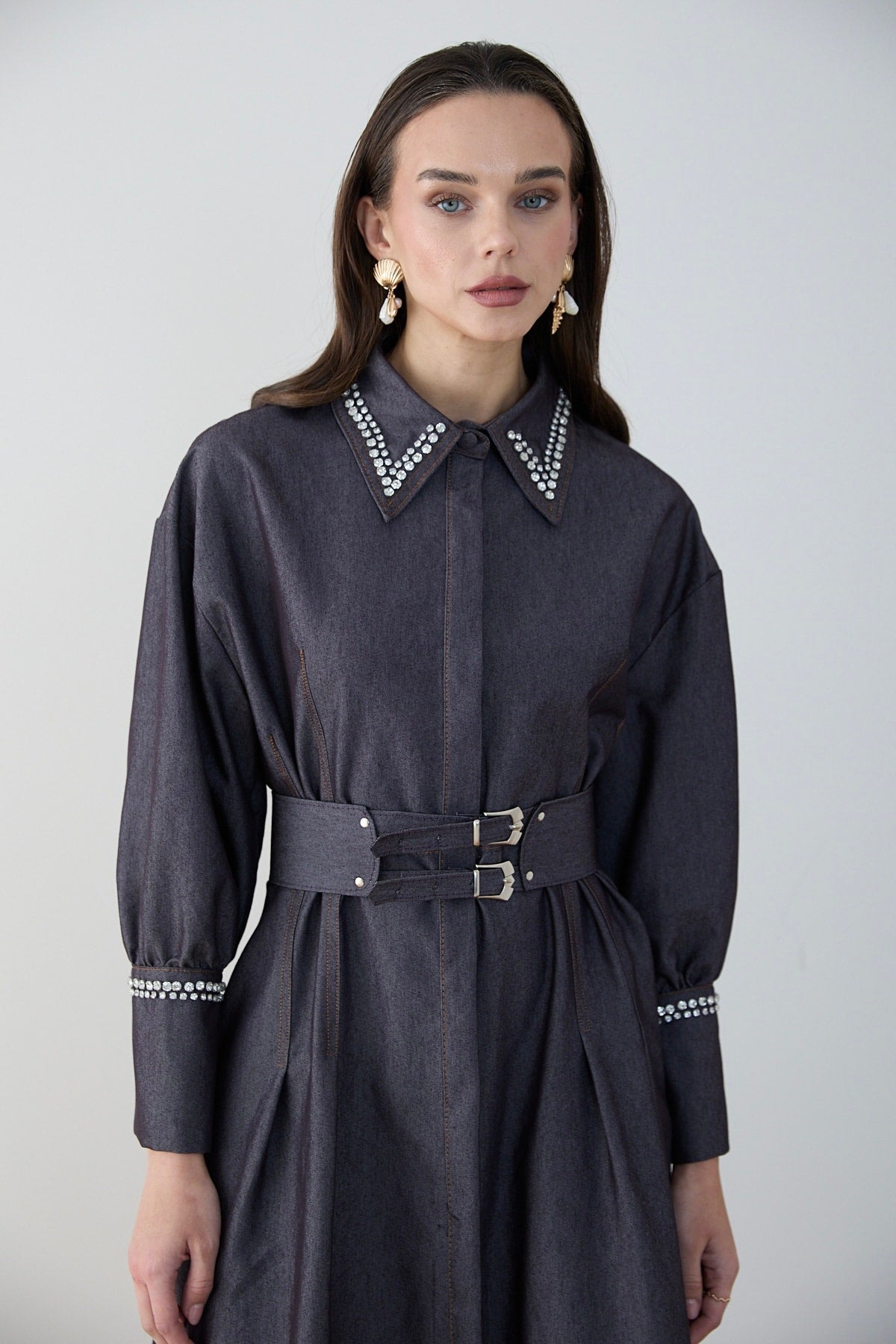 Taşlı Denim Elbise 32-2797
