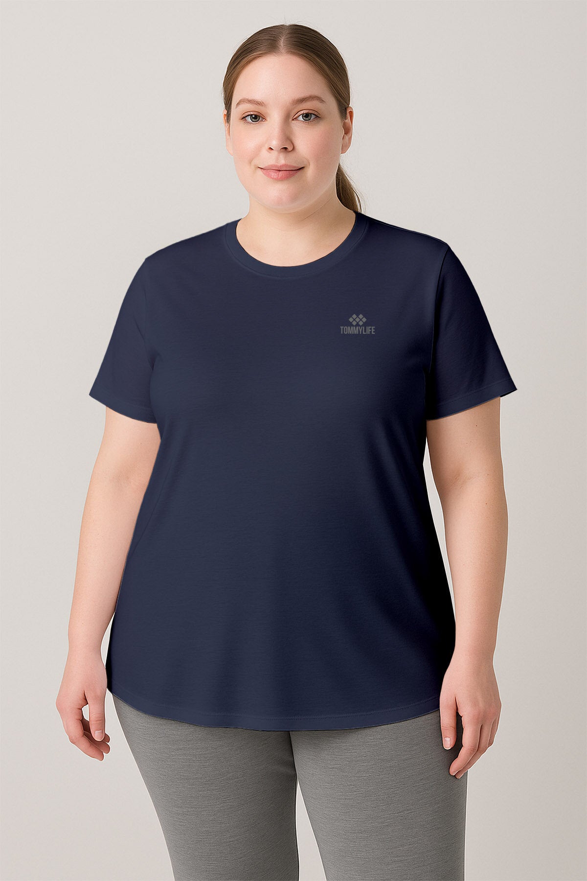 İndigo Baskılı O Yaka Rahat Form Battal Büyük Beden Kadın T-Shirt - 97308