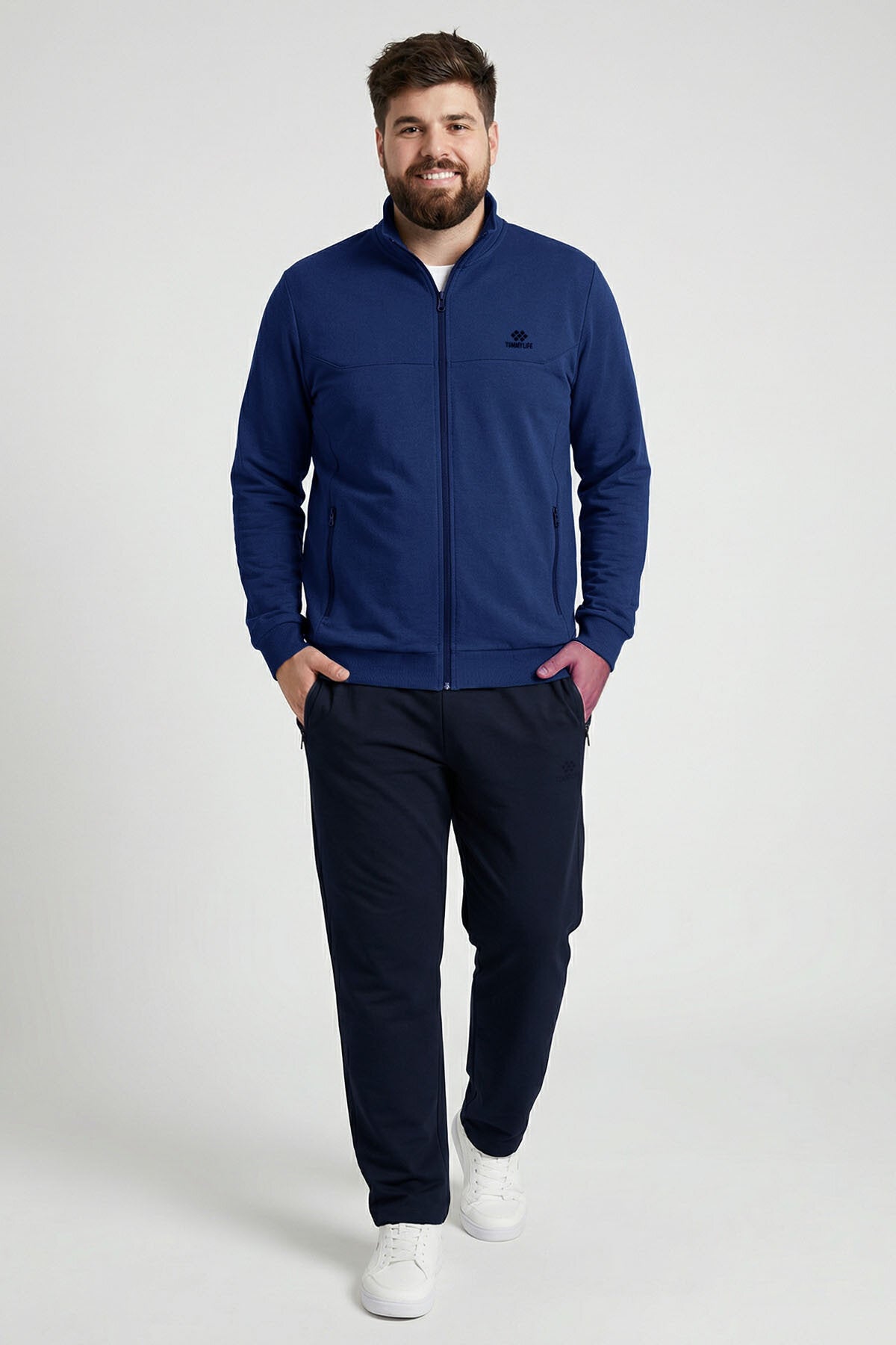 İndigo - Lacivert Dik Yaka Battal Büyük Beden Erkek Eşofman Takım - 85176
