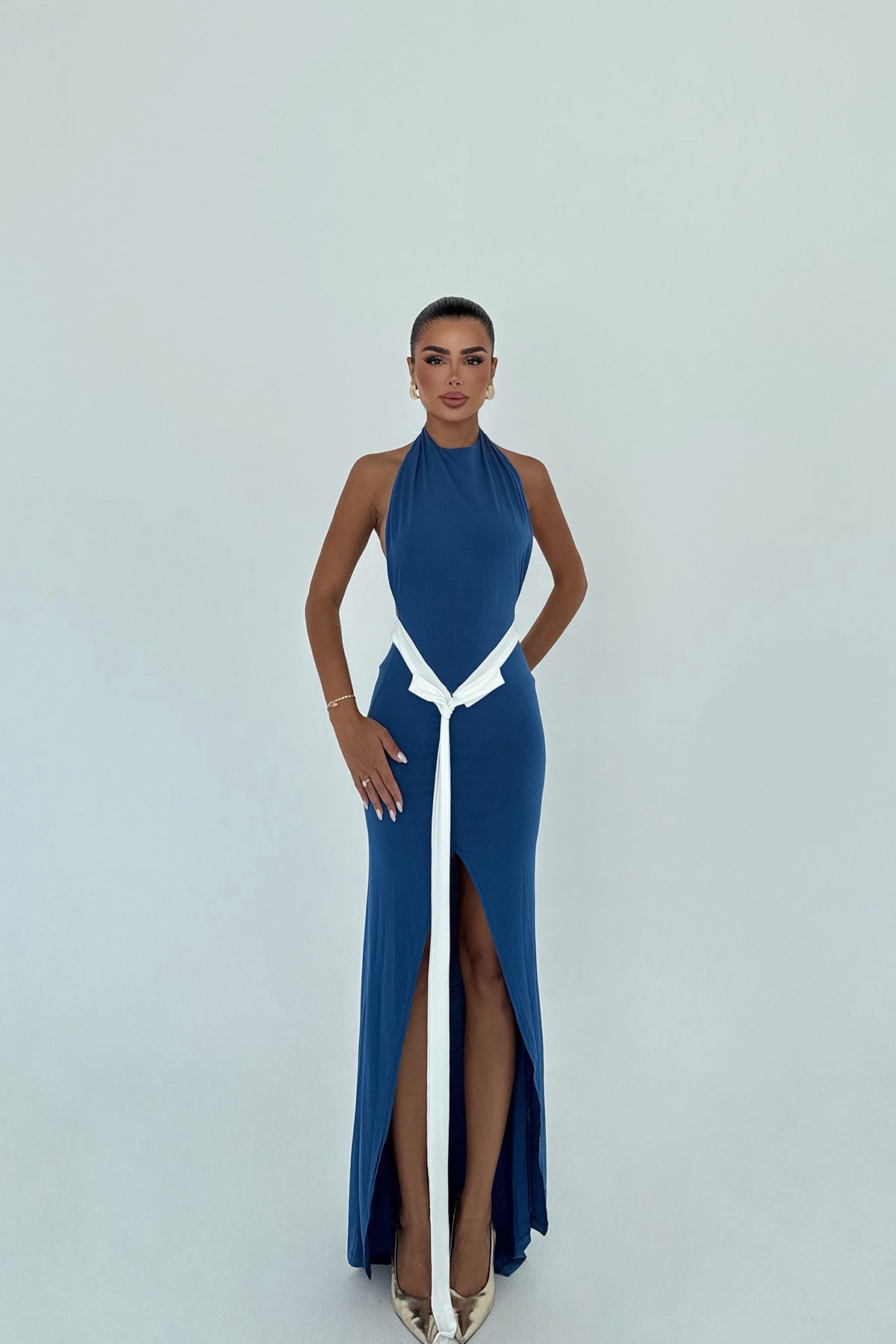 İndigo  Giselle Fiyonk Detaylı Yırtmaçlı Elbise ATE-3020