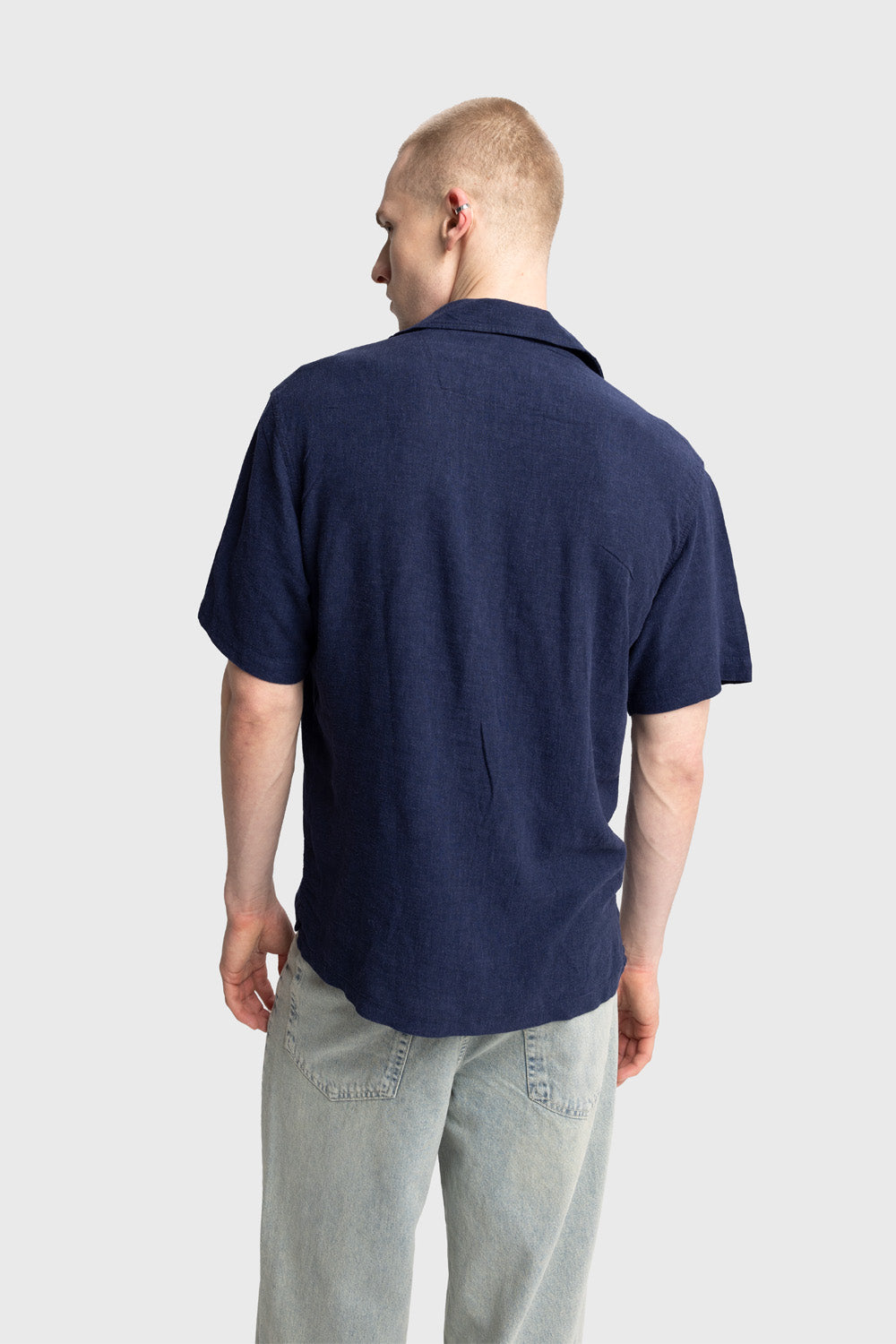 İŞLEME DETAYLI KISA KOLLU GÖMLEK - LACİVERT M