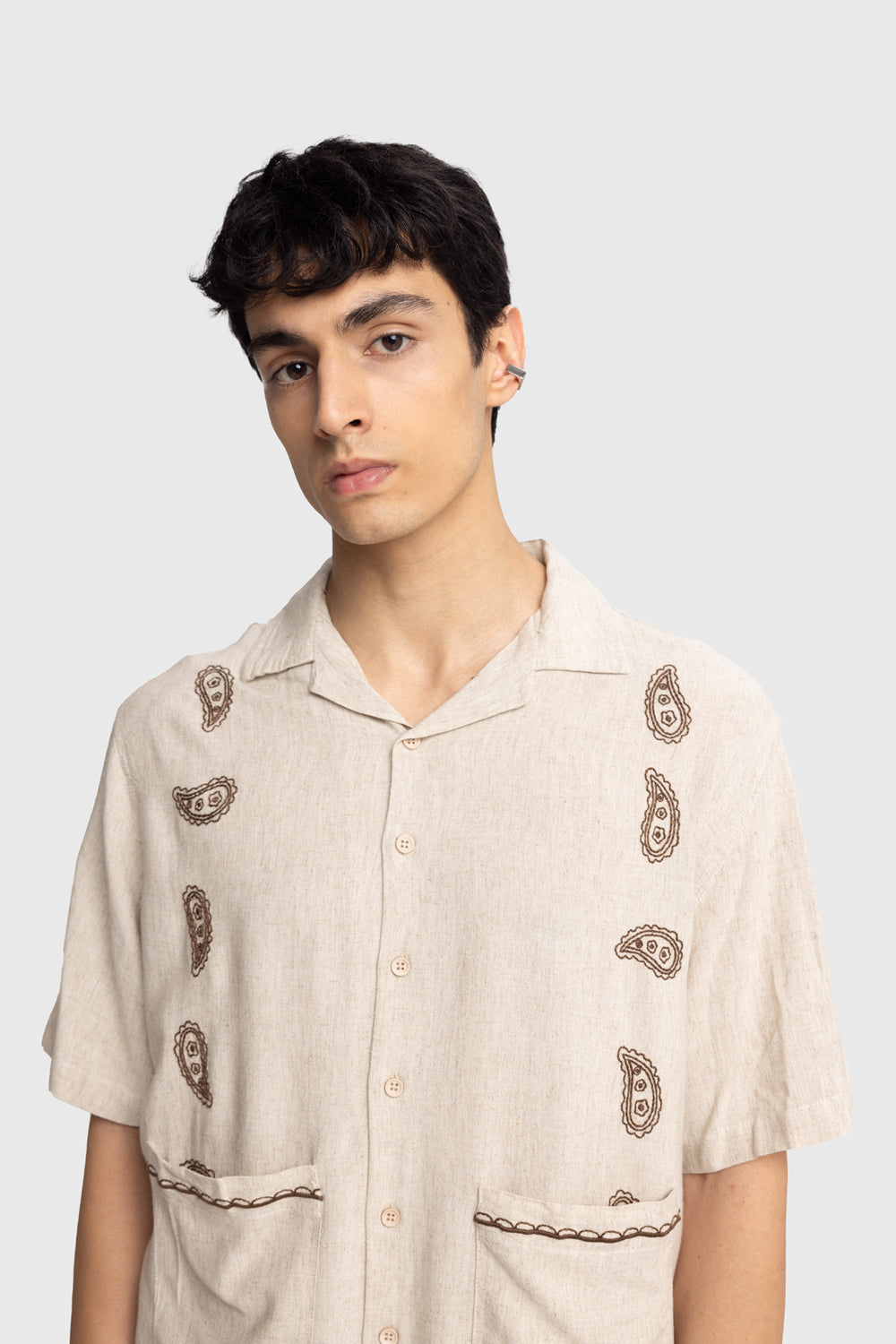 İŞLEME DETAYLI KISA KOLLU GÖMLEK - BEJ S