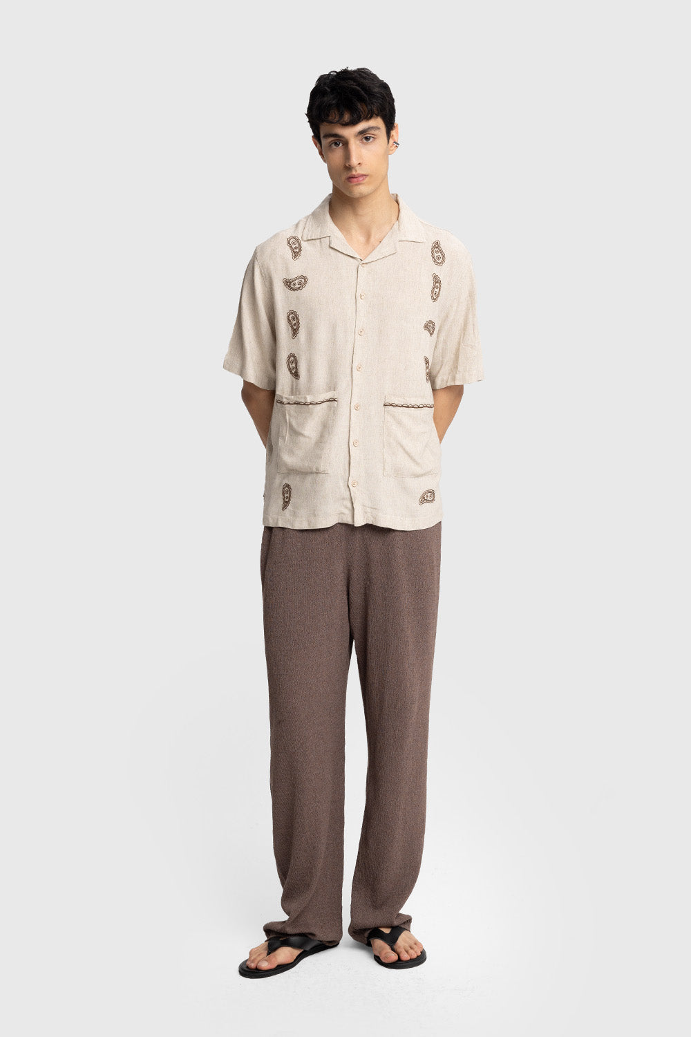 İŞLEME DETAYLI KISA KOLLU GÖMLEK - BEJ M