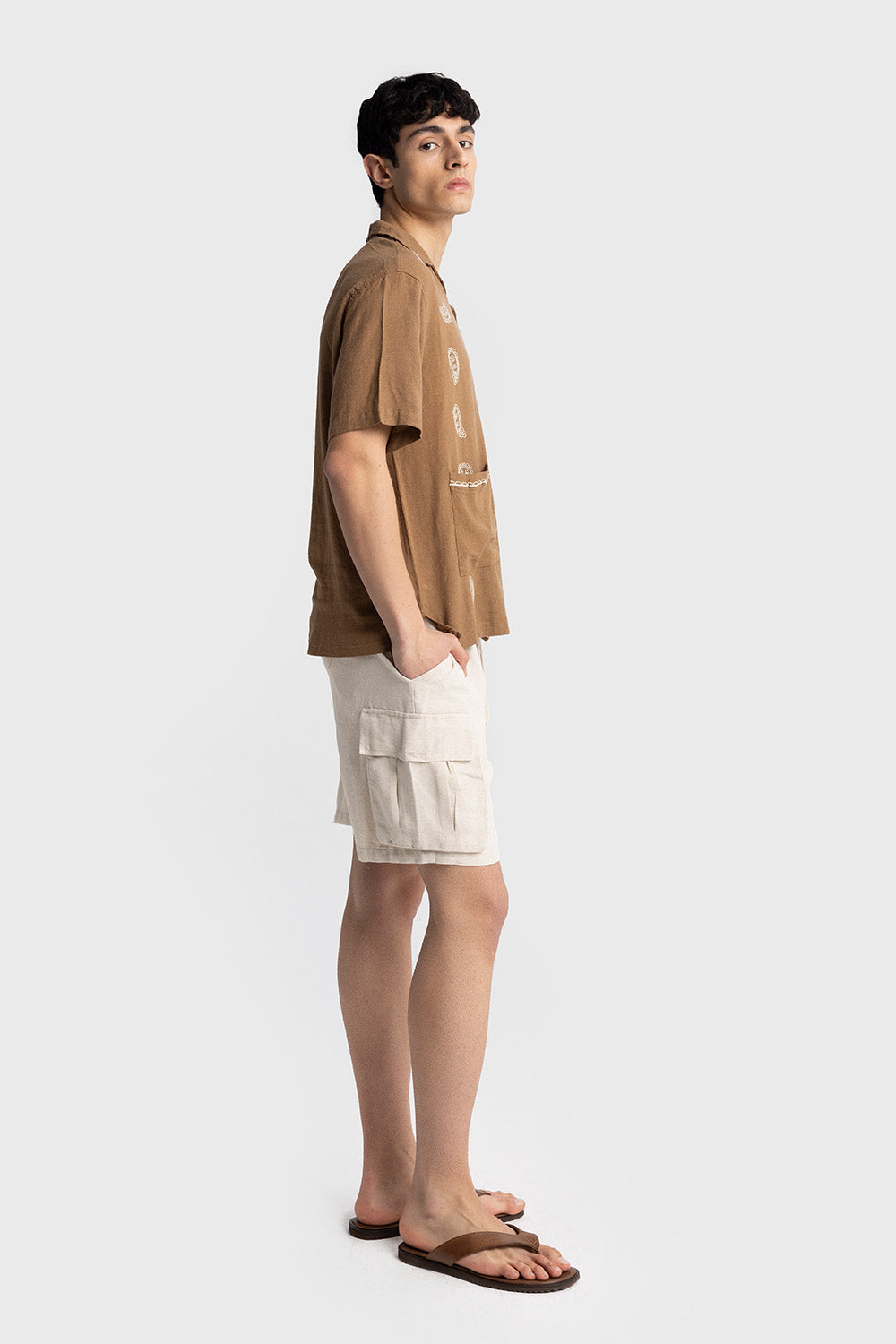 İŞLEME DETAYLI KISA KOLLU GÖMLEK - KAHVERENGİ L