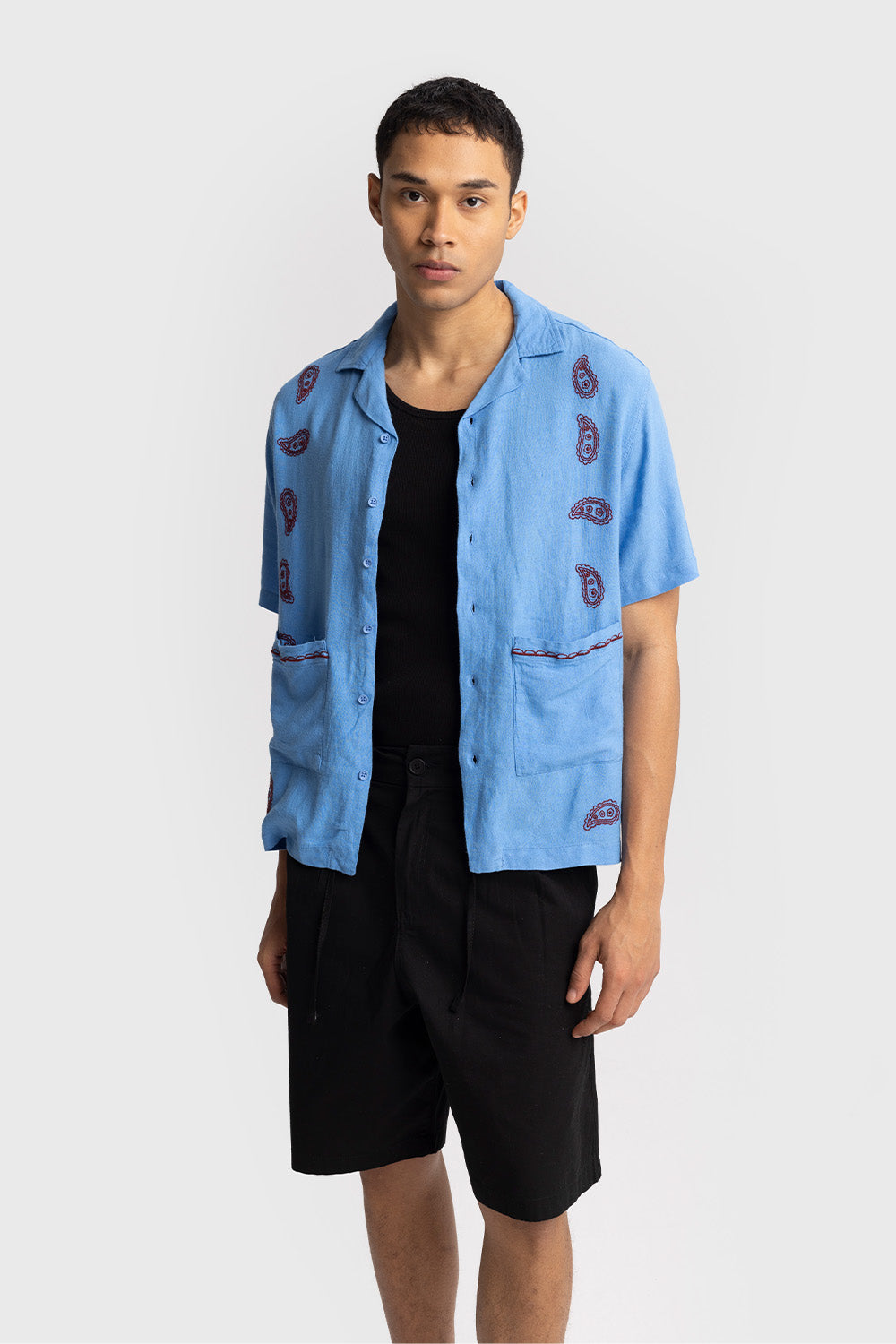 İŞLEME DETAYLI KISA KOLLU GÖMLEK - MAVİ M