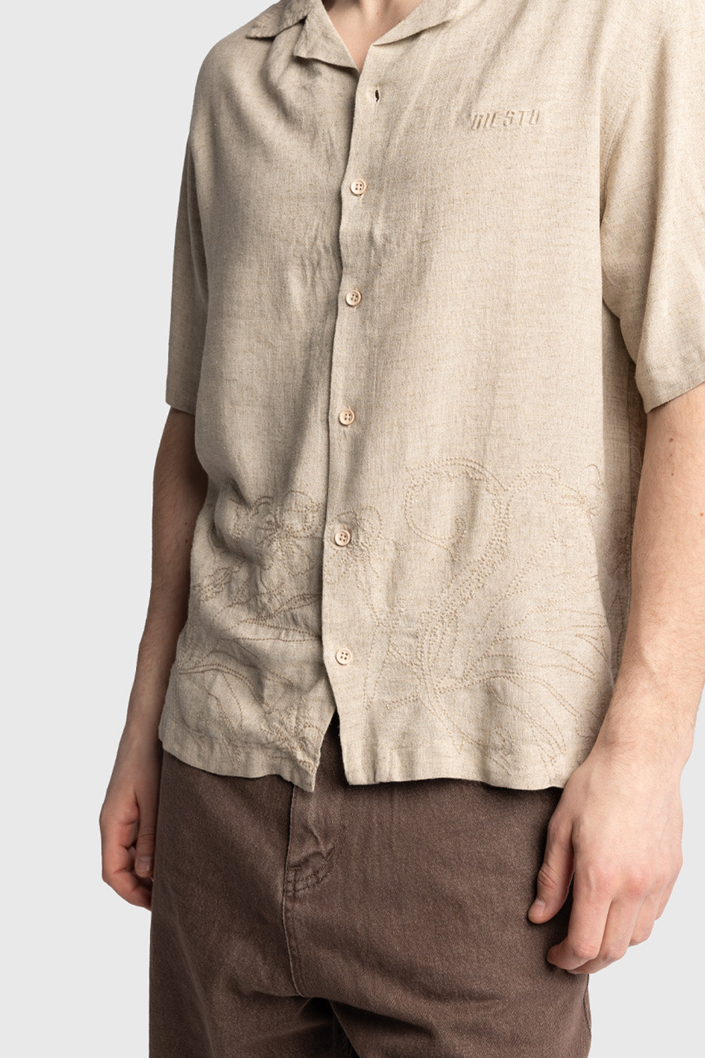 İŞLEMELİ KETEN GÖMLEK - BEJ M