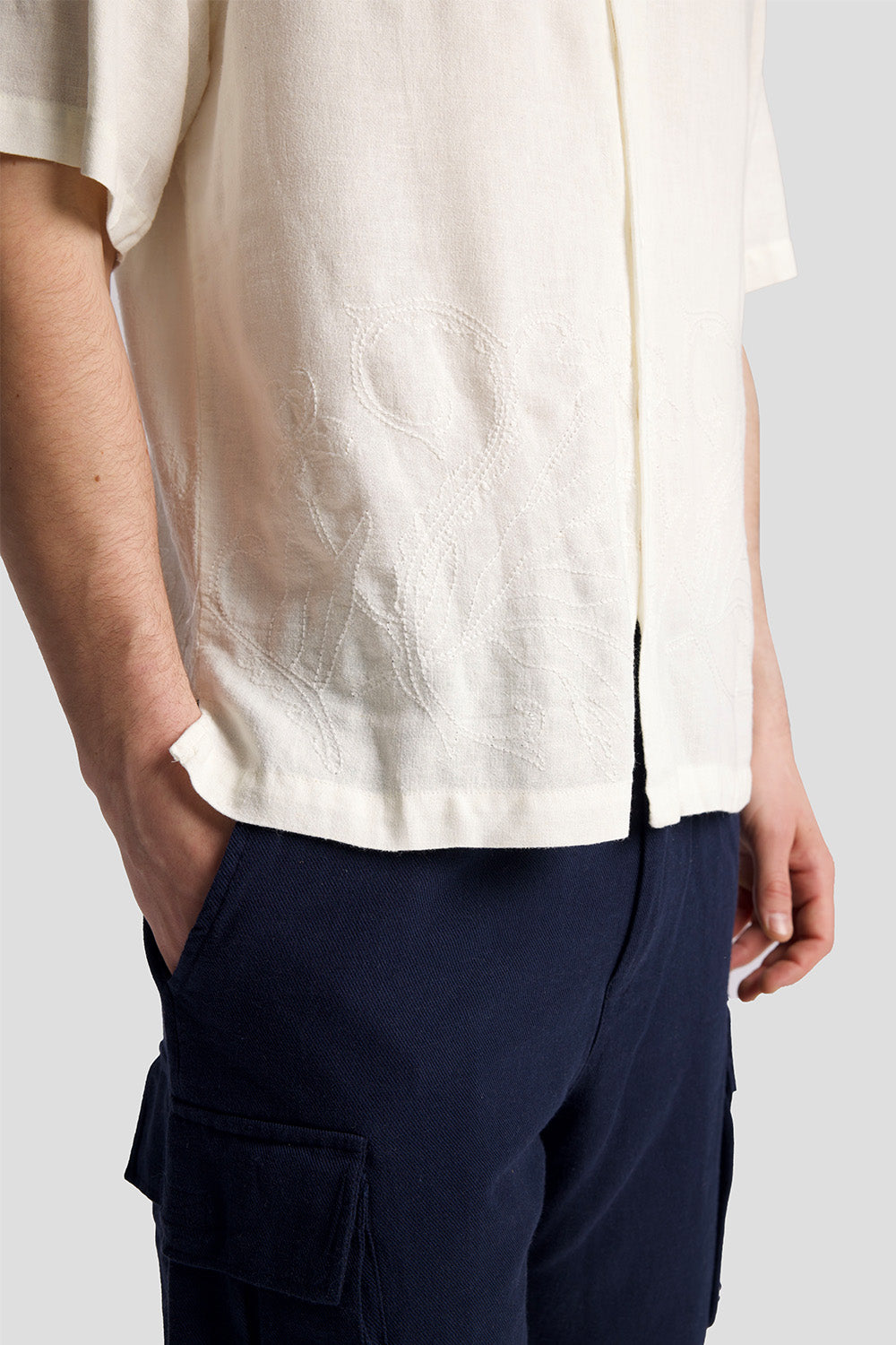 İŞLEMELİ KETEN GÖMLEK - BEYAZ S