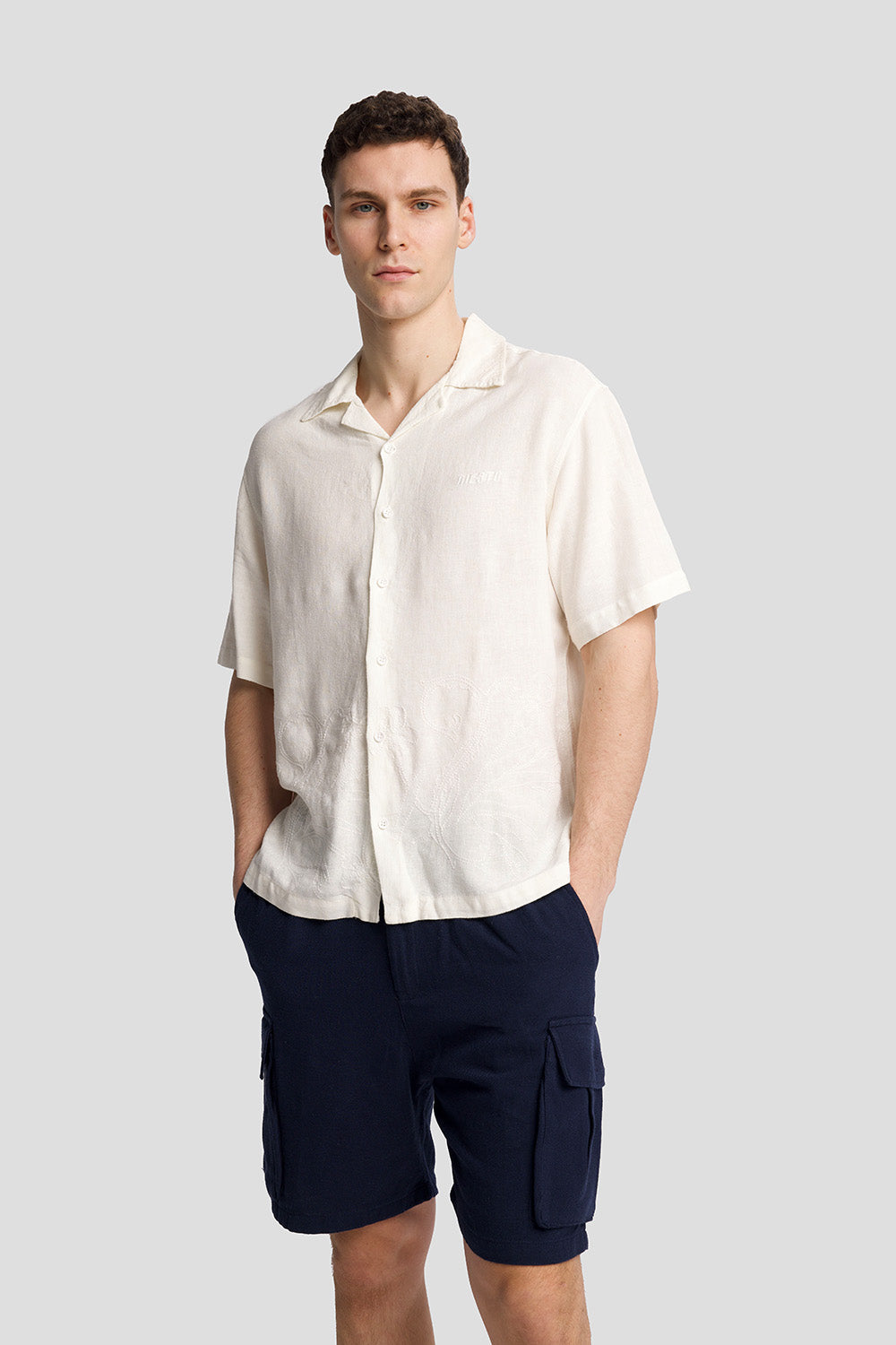 İŞLEMELİ KETEN GÖMLEK - BEYAZ S