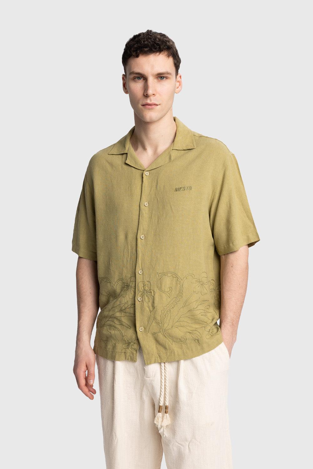 İŞLEMELİ KETEN GÖMLEK - HAKİ S