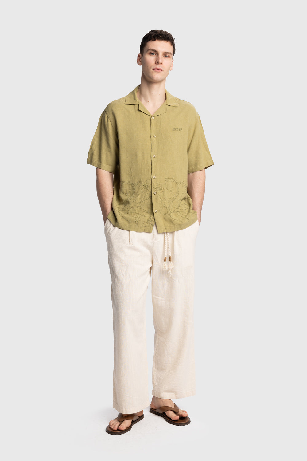 İŞLEMELİ KETEN GÖMLEK - HAKİ L