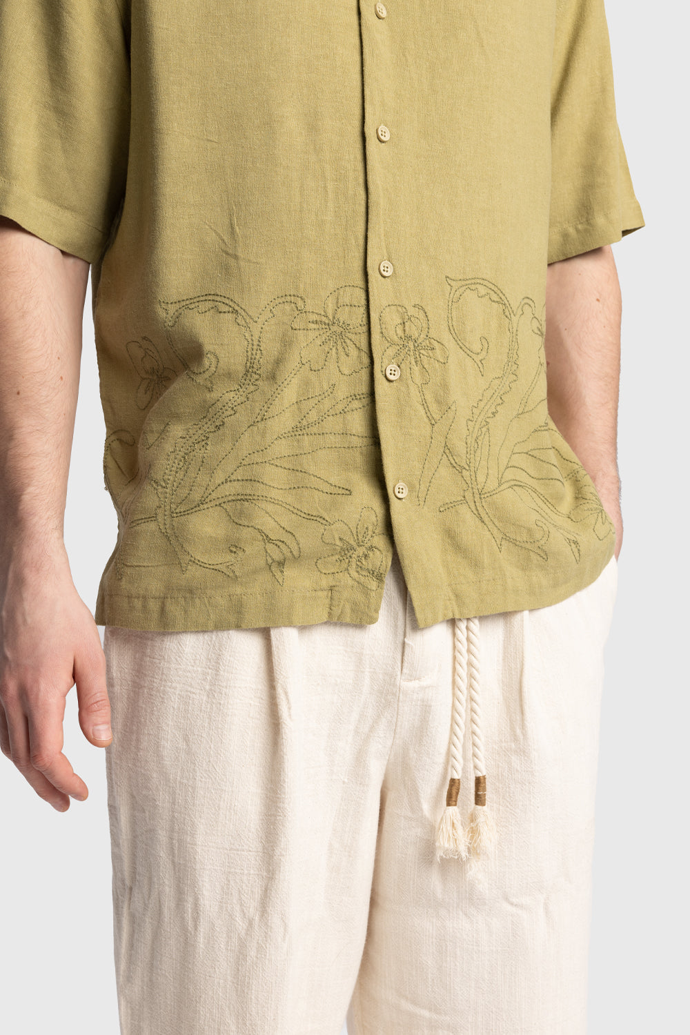 İŞLEMELİ KETEN GÖMLEK - HAKİ M