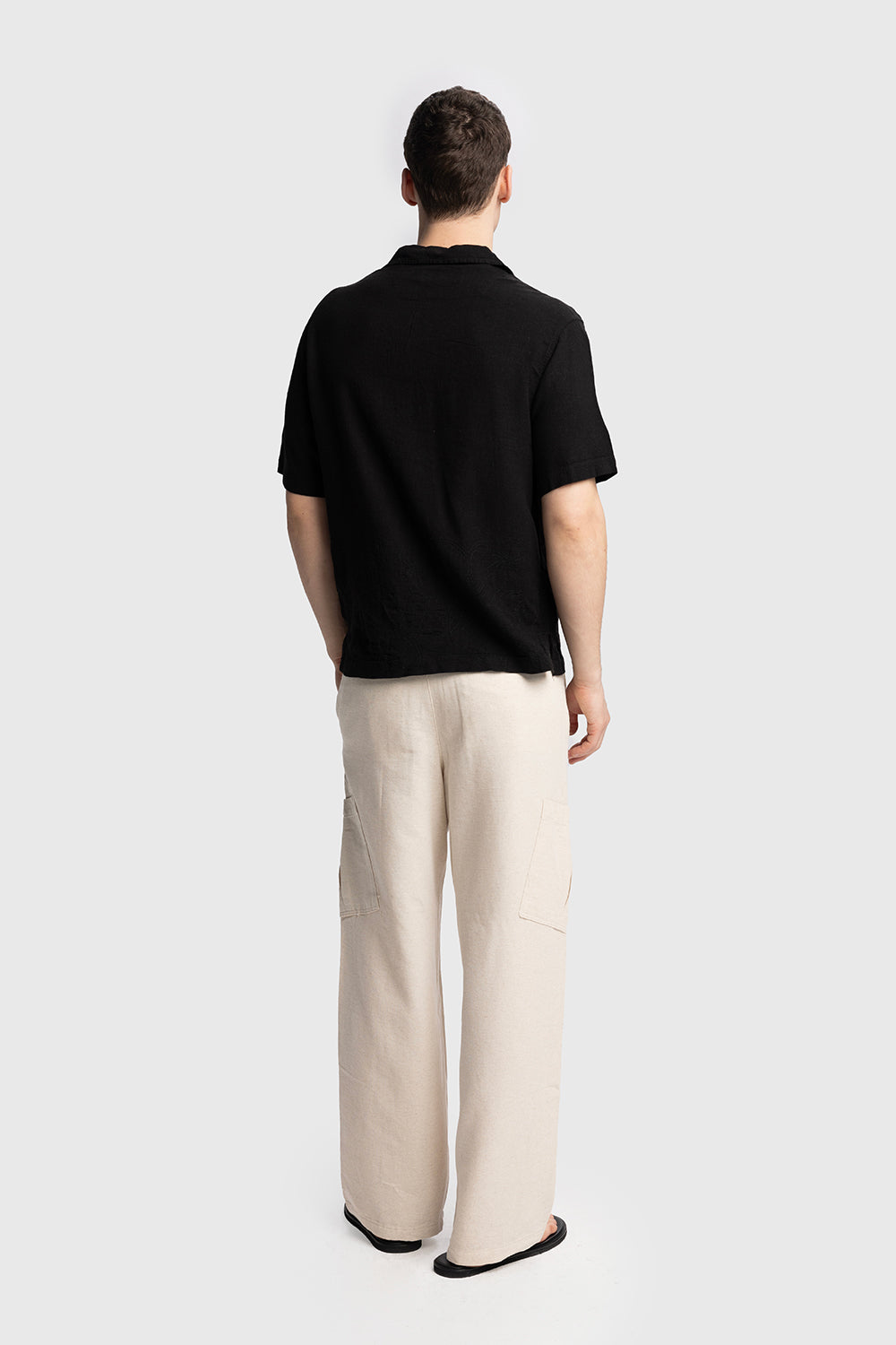 İŞLEMELİ KETEN GÖMLEK - SİYAH L