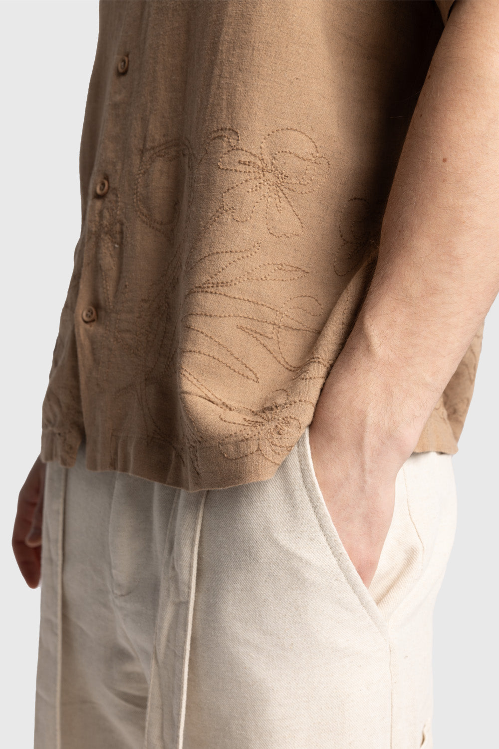 İŞLEMELİ KETEN GÖMLEK - TABA M