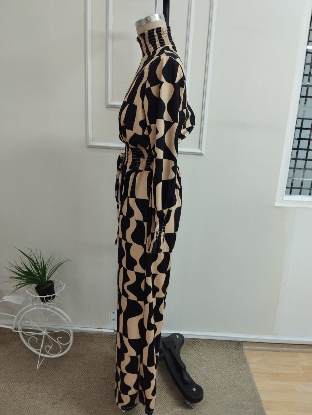 Kadın Uzun Kollu Balıkçı Yaka Leopar Desenli Belden Bağcıklı Uzun Desenli Tulum