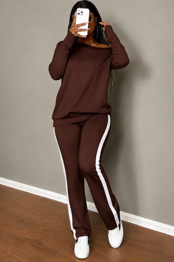 Kadın Tek Omuzdan Açık Uzun Kollu Viskon Iki Iplik Bluz Ve Yan şerit Detaylı Pantolon Ikili Takım