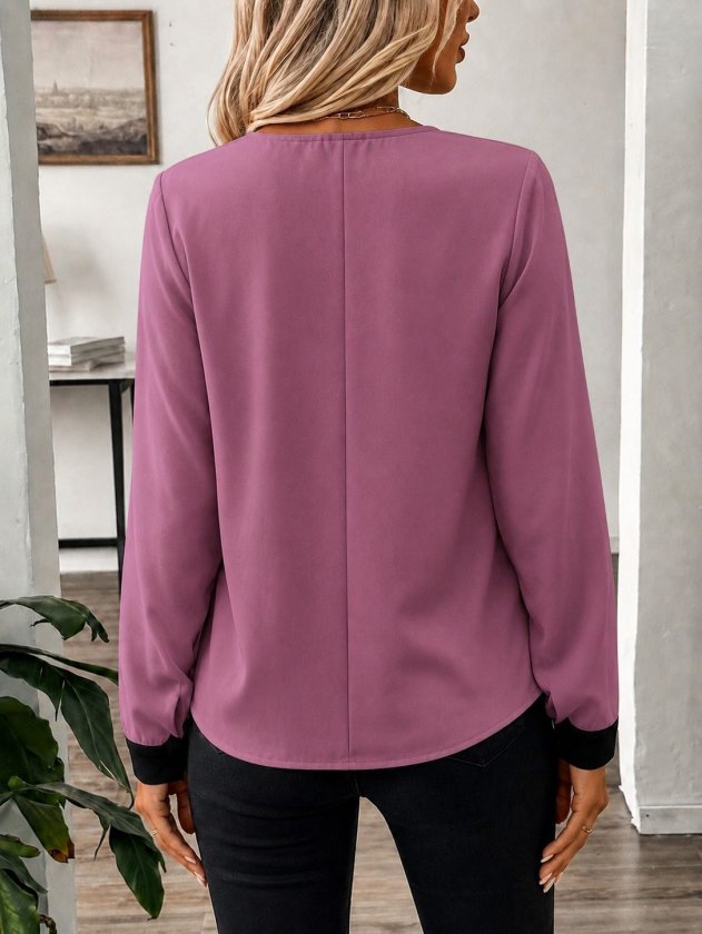 Kadın Uzun Kollu Asimetrik Yaka Detaylı Düğmeli Ithal Krep Bluz