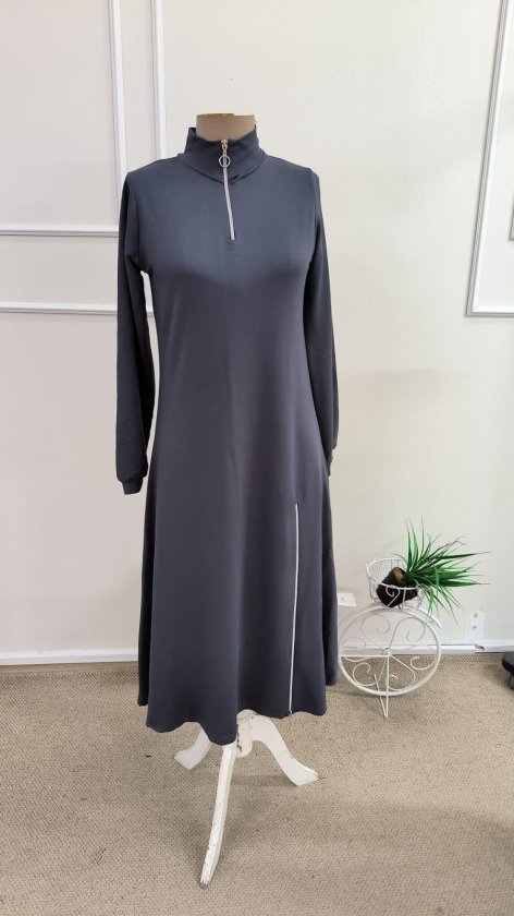 Kadın Uzun Kollu Fermuarlı Kiloş Midi Viskon Iki Iplik Elbise