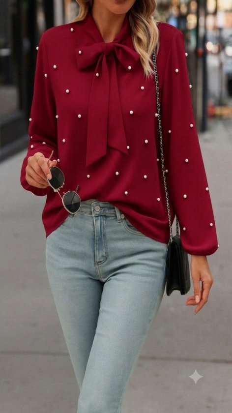 Kadın Uzun Kollu Yakadan Fiyonklu Incili Ithal Krep Bluz