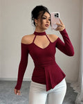 Women's Off-the-Shoulder Semi-Turtleneck Long Sleeve V-Neck Front Pleated Viscose Blouse