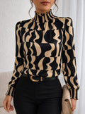 Women's Long Sleeve Turtleneck Patterned Single Jersey Blouse