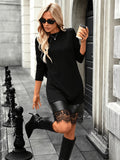 Women's Long Sleeve Crew Neck Short Modal Dress with Leather and Tulle Hem Details