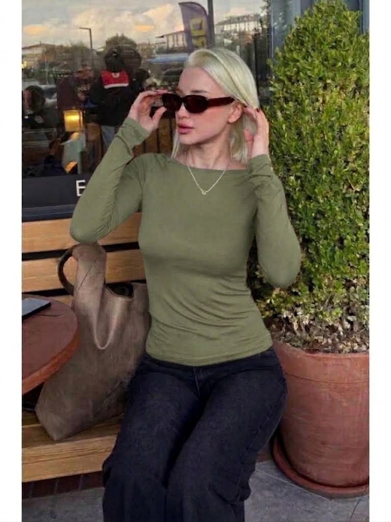Kadın Uzun Kollu Kayık Yaka Viskon Bluz