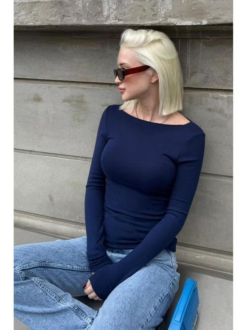 Kadın Uzun Kollu Kayık Yaka Viskon Bluz