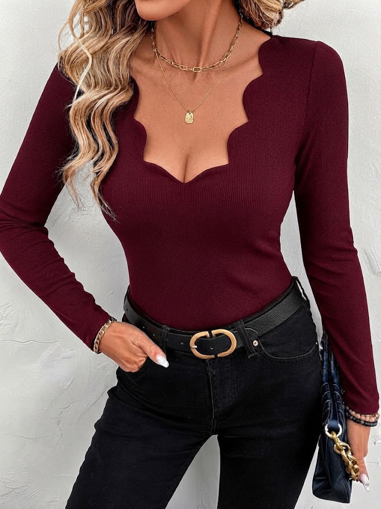 Kadın Uzun Kollu Lazer Kesim Dalga Yakalı Dalgıç Bluz