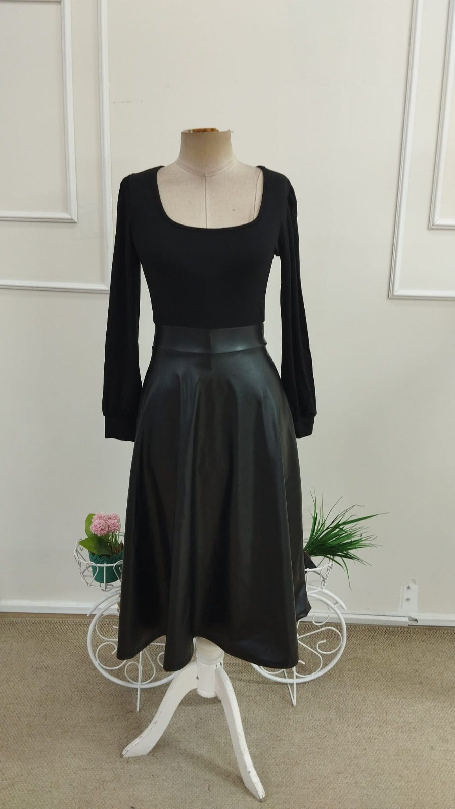 Kadın Uzun Kollu Kare Yakalı üst Viskon Alt Deri Midi Elbıse