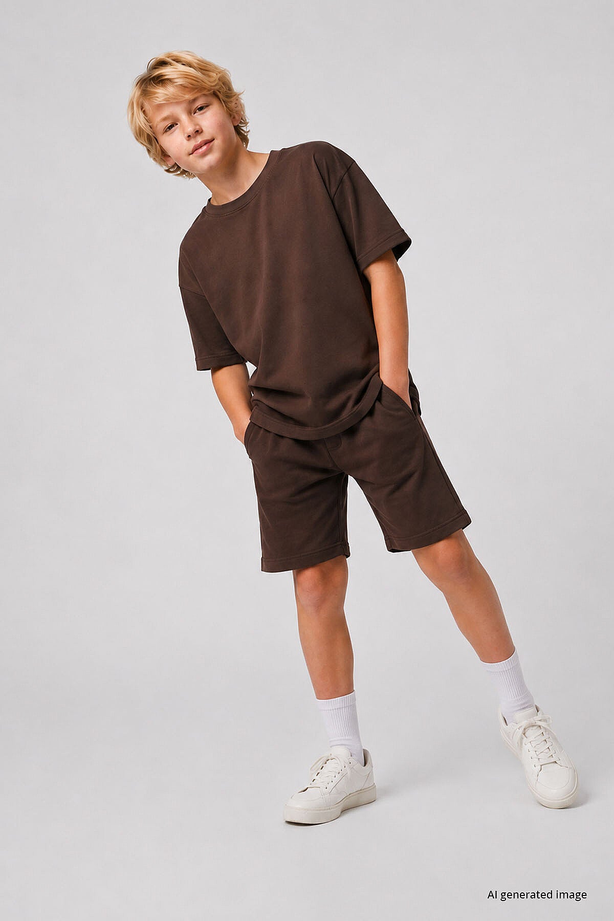 Kahverengi Oversize Fit Basic Erkek Çocuk Şort Takım - 11335