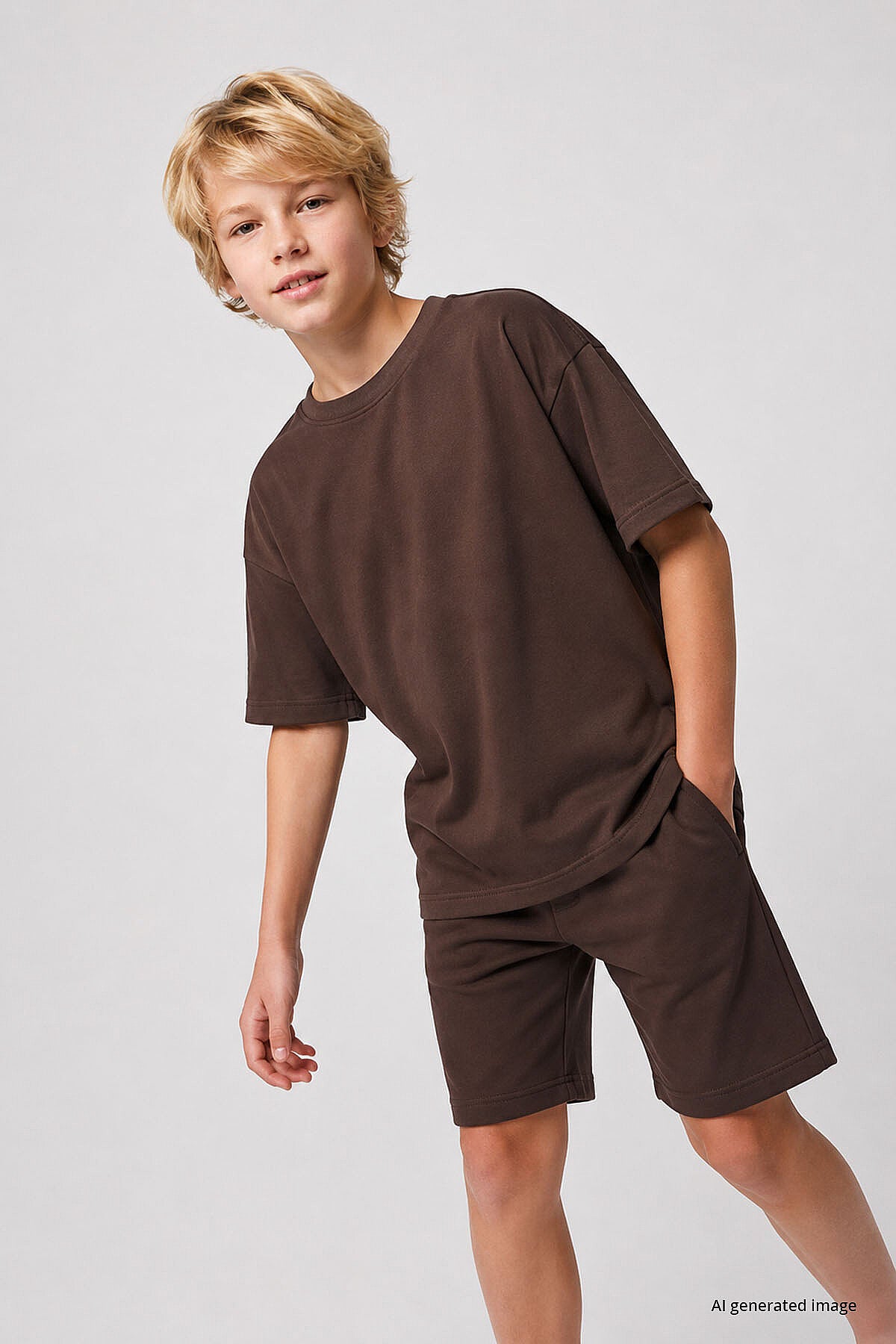 Kahverengi Oversize Fit Basic Erkek Çocuk Şort Takım - 11335