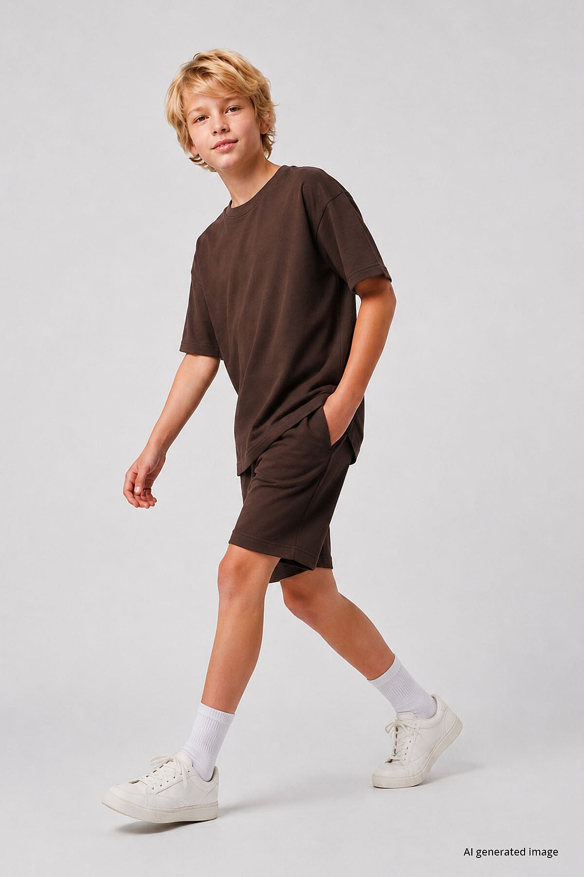 Kahverengi Oversize Fit Basic Erkek Çocuk Şort Takım - 11335