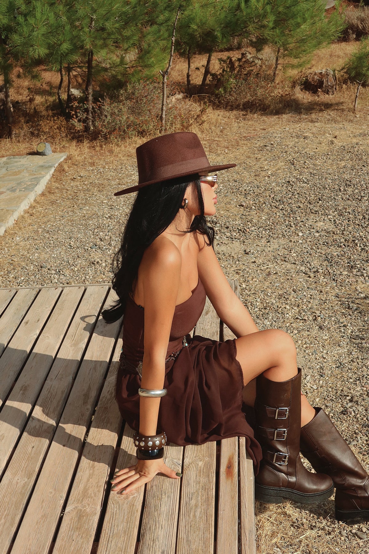 Kahverengi Damson Uzun Elbise ATE-3611