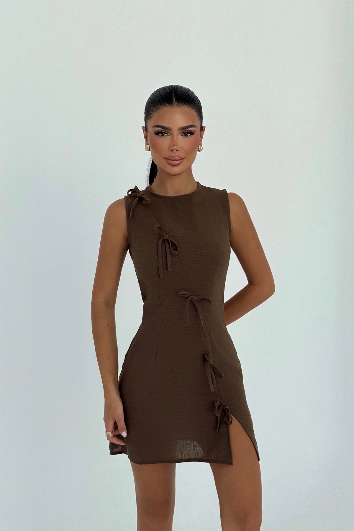 Kahverengi Kathy Mini Fiyonklu Elbise ATE-3186