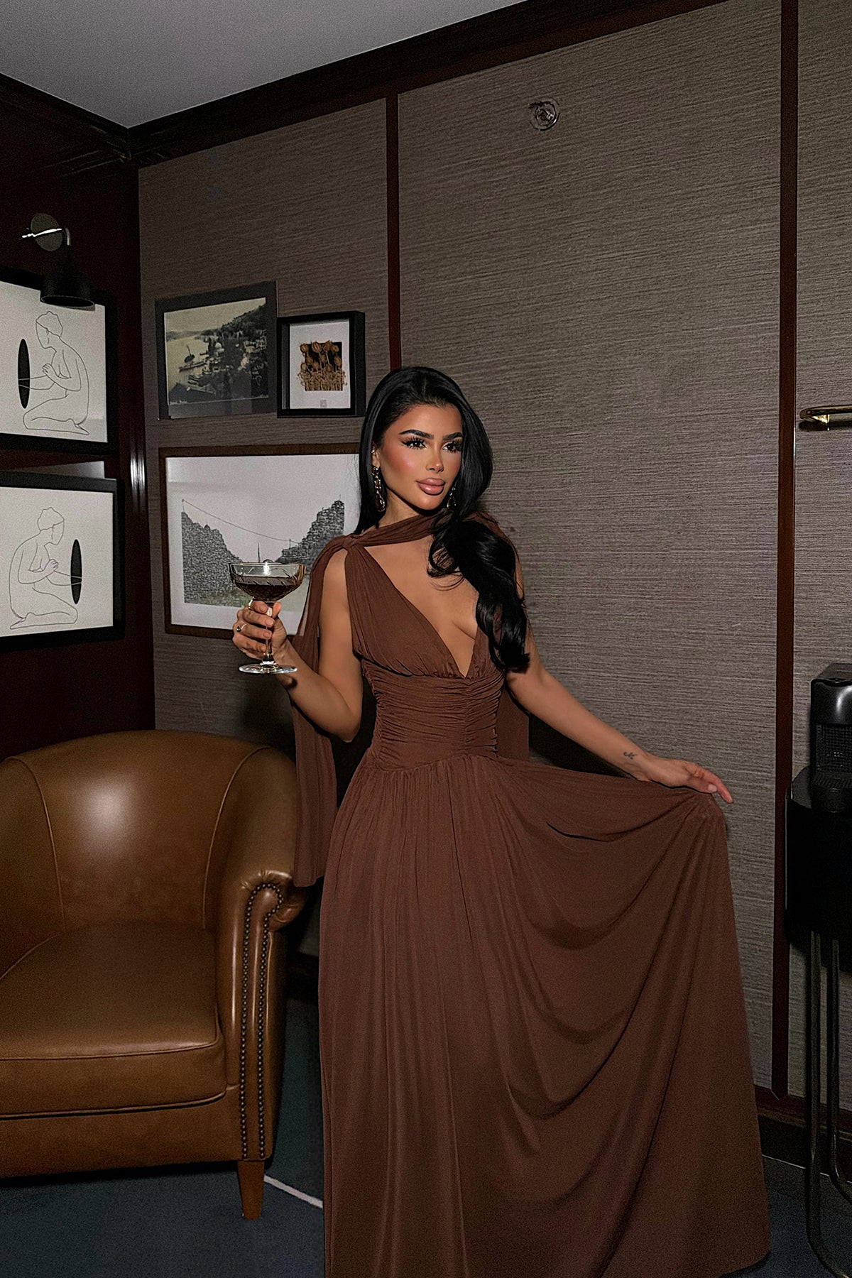 Kahverengi Lucyna Uzun Tül Elbise ATE-4208