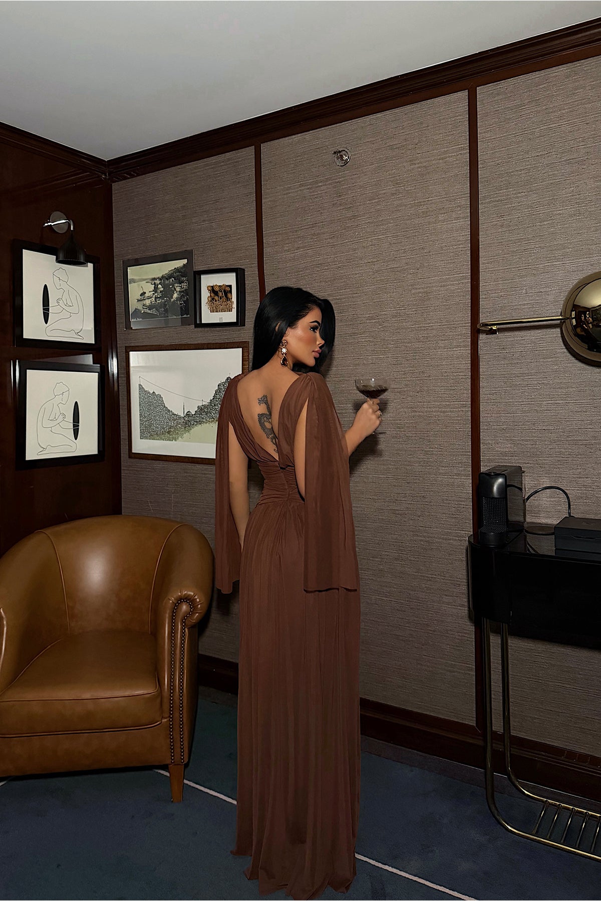 Kahverengi Lucyna Uzun Tül Elbise ATE-4208