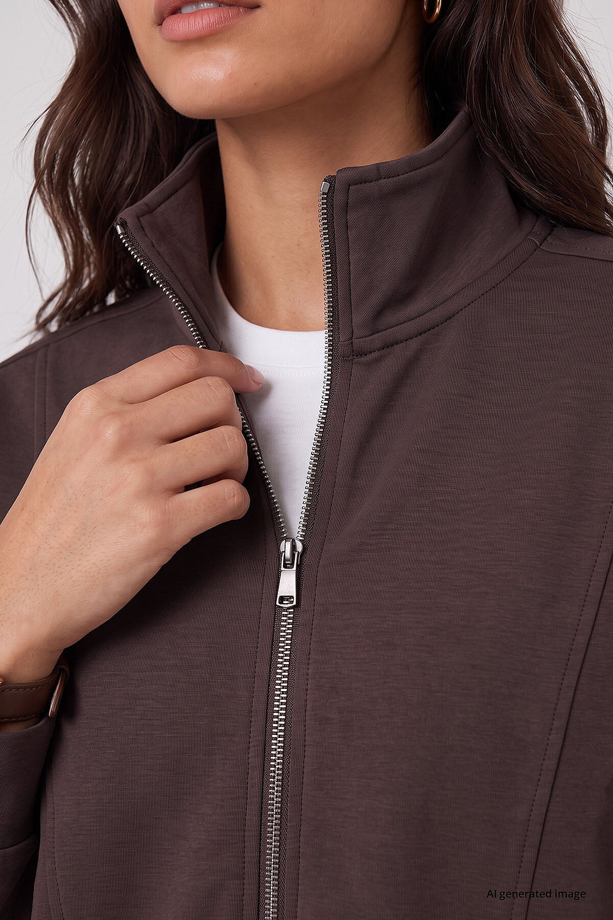 Kahverengi Dik Yaka Standart Kalıp Crop Kadın Sweatshirt - 97317