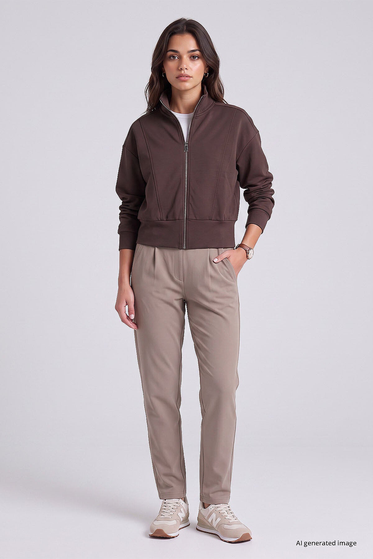 Kahverengi Dik Yaka Standart Kalıp Crop Kadın Sweatshirt - 97317