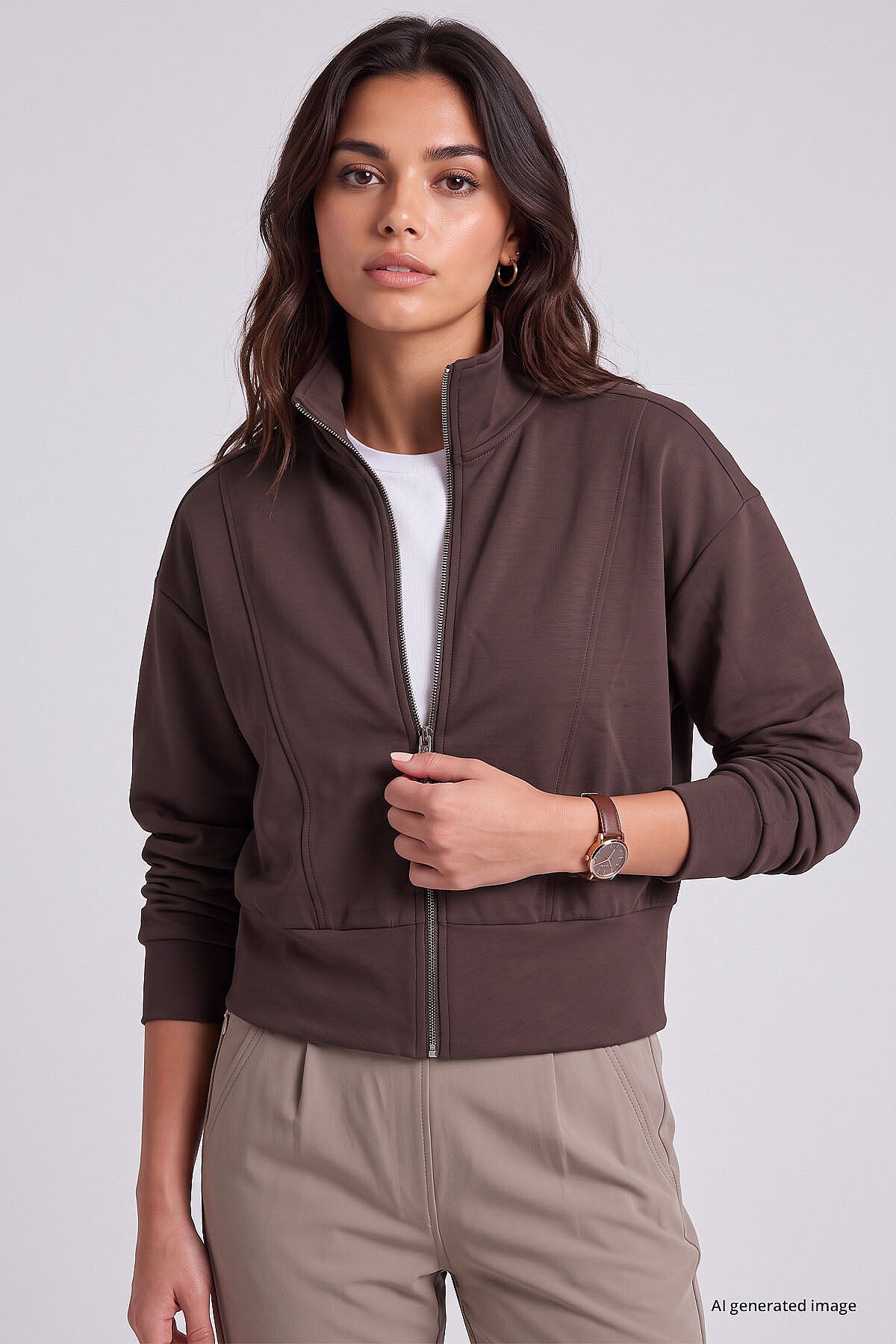 Kahverengi Dik Yaka Standart Kalıp Crop Kadın Sweatshirt - 97317