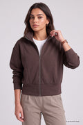 Brown Stand-Up Collar Standard Fit Crop Women's Sweatshirt - 97317