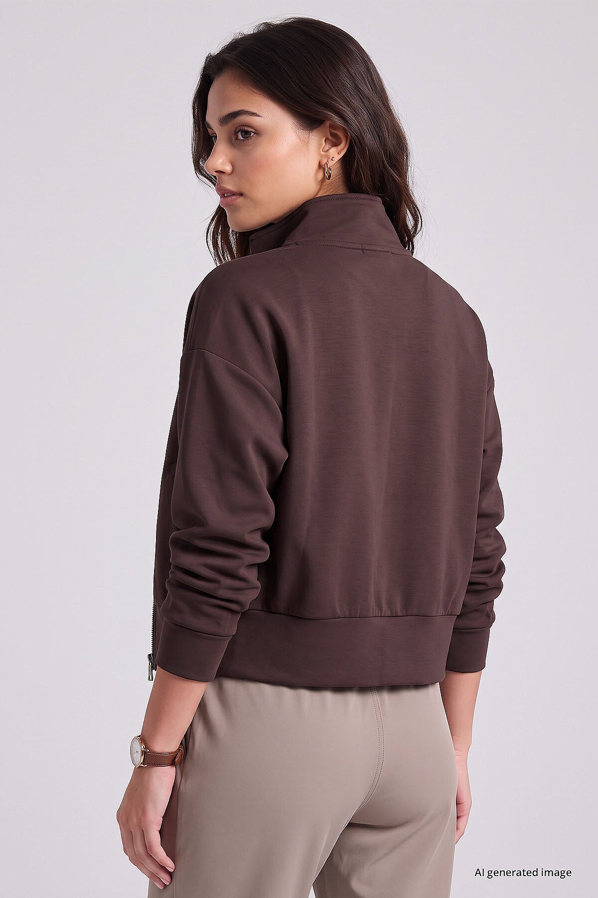 Kahverengi Dik Yaka Standart Kalıp Crop Kadın Sweatshirt - 97317