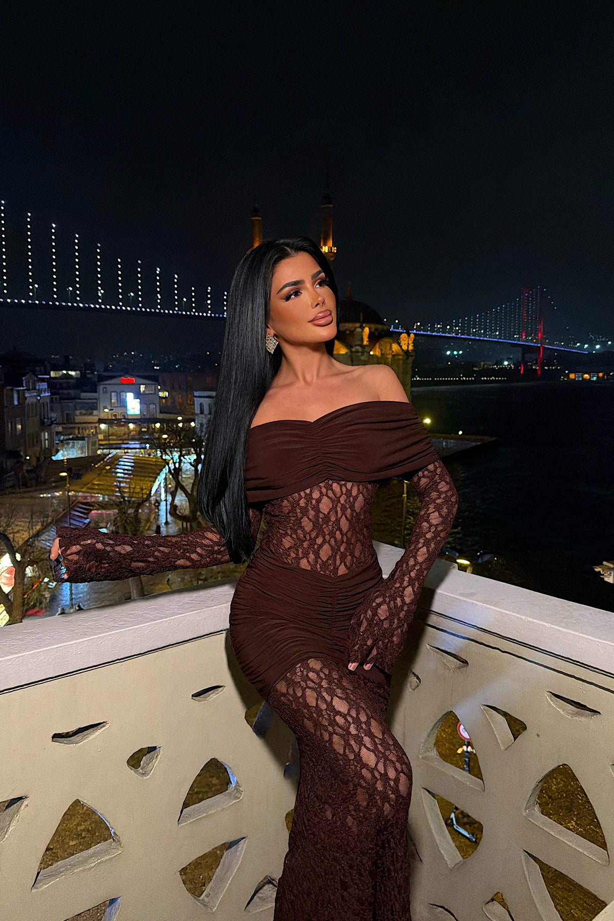 Kahverengi Ellodie Dantel Uzun Elbise ATE-4547